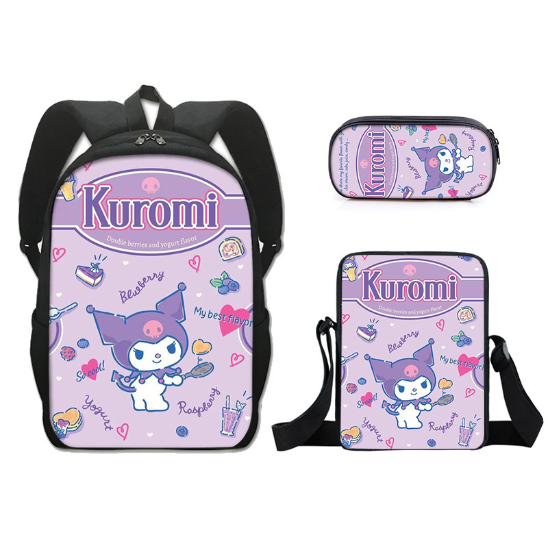 Promoción del nuevo Sanrio Kulomi kuromi mochila para estudiantes bolso de tres piezas bolso pequeño bolso de hombro libro