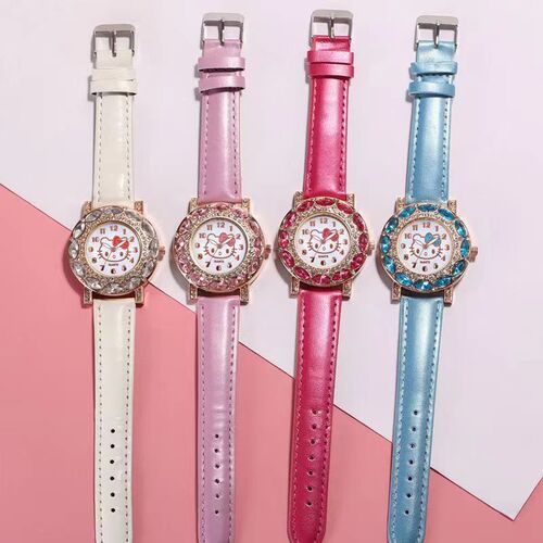 Children's Cartoon Kitten Strap Watch for Boys and Girls, Fashion Belt with Diamond Decoration, Quartz Watch for Ladies