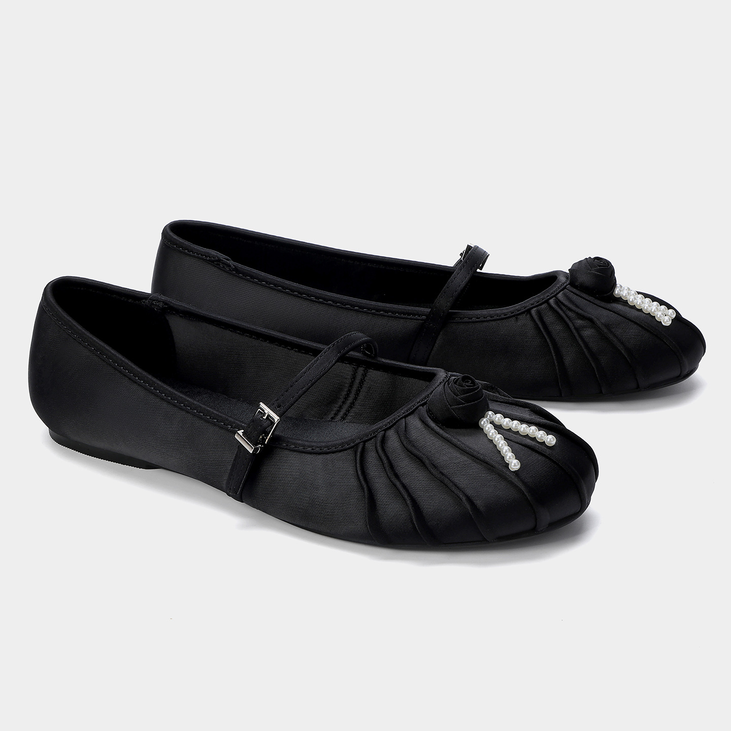 Za Flats Women's 2025 Autum New Women's Shoes Mary Jane Shoes Flower Silk Satin One-Line Shallow Mouth Flats Ballet Shoes for Women