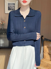 精纺开衫女POLO领长袖针织毛衣小众别致气质时尚风打底毛衫25新款