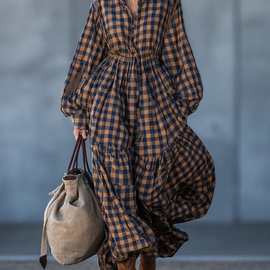 跨境女装装新款2025韩版宽松洋气大码女装拼接棉麻格子显瘦连衣裙