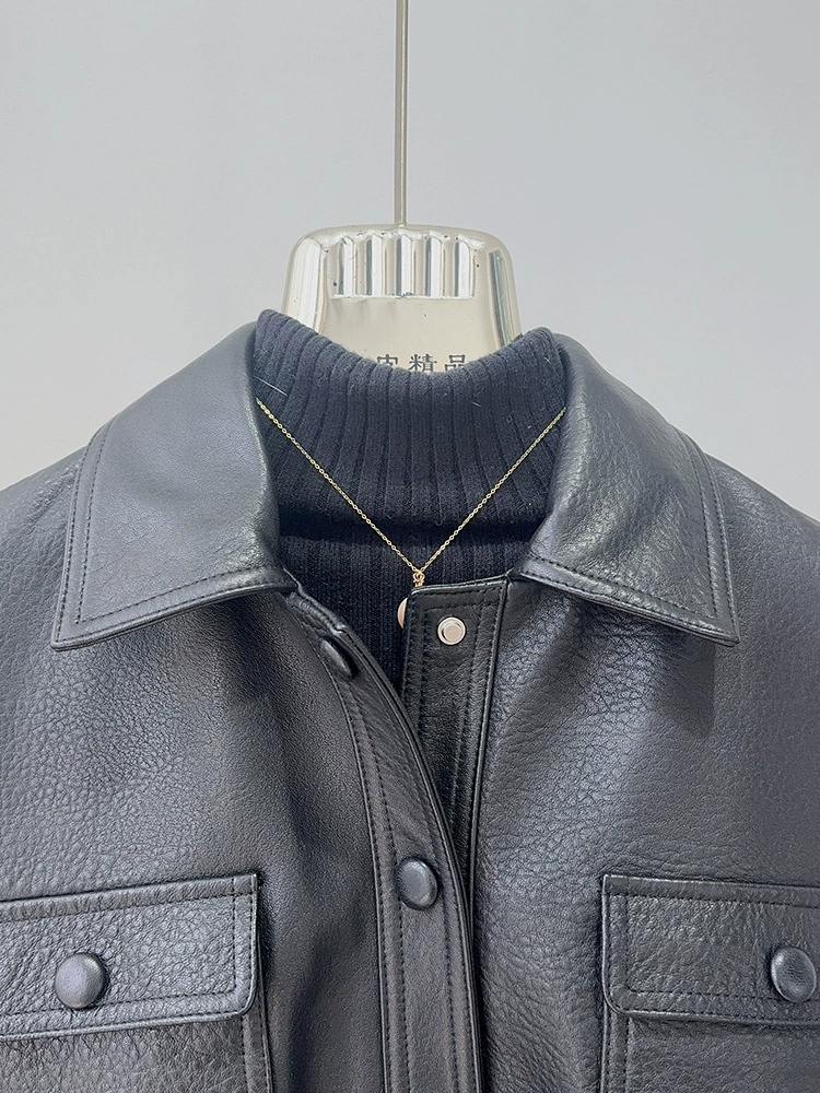 Куртка кожаная motorcycle женская короткая с кожи литиPattern овечьья кожа, талия slim, весна новый стиль