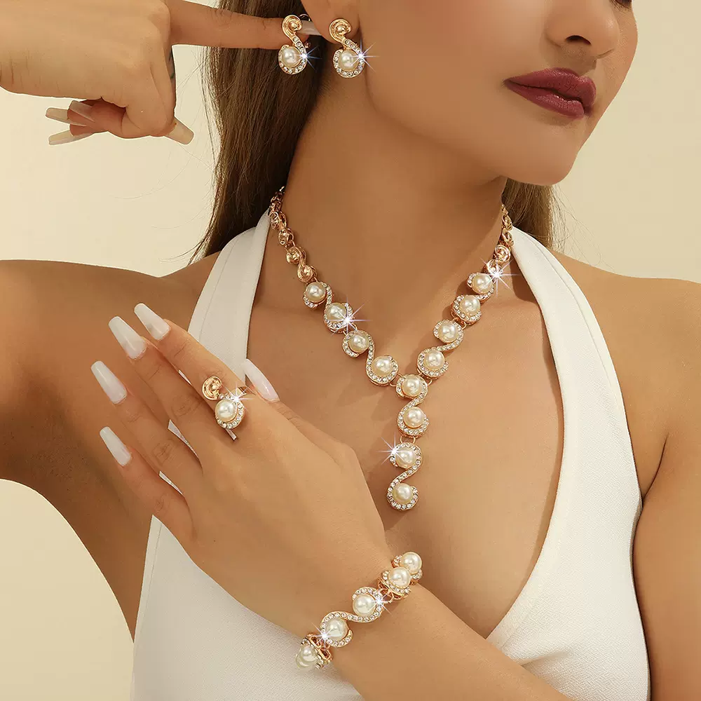 欧美跨境热销时尚精致仿珍珠项链耳环首饰套装女士珠宝新娘宴会