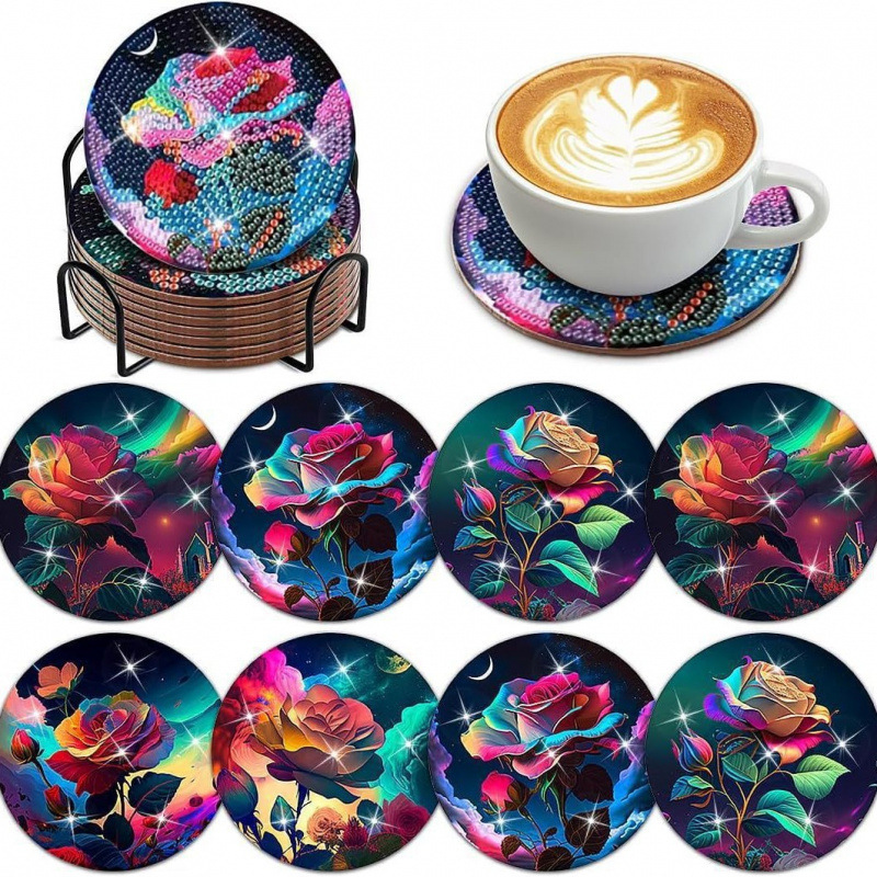 Ventas transfronterizas calientes de 8 piezas de conjunto de cojín de taza de arte de diamante, con soporte, pequeño conjunto de pintura de diamante, adecuado para adultos