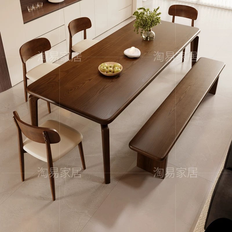 中古风全实木餐桌椅组合现代简约家用胡桃木原木长条工作台吃饭桌