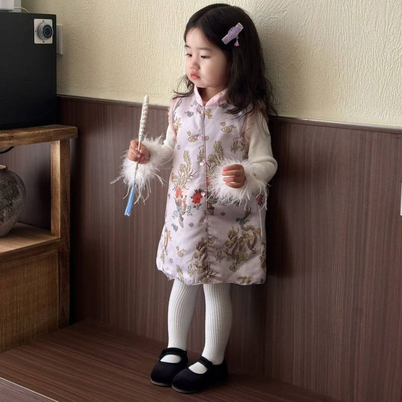 儿童汉服连衣裙秋季女童新中式提花粉色旗袍裙中小童改良旗袍唐装|undefined