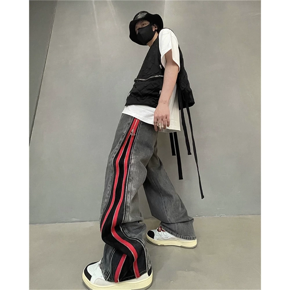 Американские брюки hiphop мужские Ride бренд ретро уличная высокая улица vibe ветер черный красный двойной молния джинсы мужчины