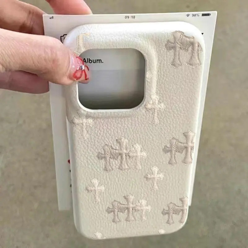 Premium Chrome Hearts Leather-Textured Phone Case for iPhone 17/16 Pro, Compatible with Apple 15/14, Large Hole Design for 13/12
