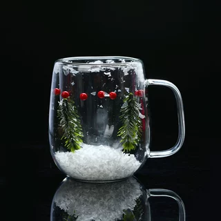 厂家批发松枝双层玻璃杯可爱节日礼品圣诞雪景松枝杯高硼硅雪景杯