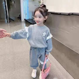 女孩花边套装春秋2023新款洋气女宝宝时髦别致中小童卫衣两件套潮