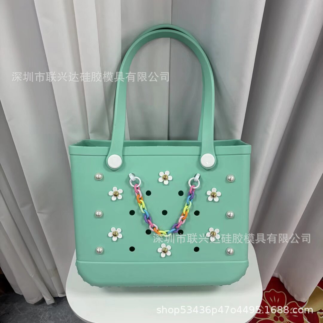 Cross-border nuevo bogg bolso colgante DIY perlas margaritas arco iris hebilla cadena bolsa de playa zapatos accesorios de flores