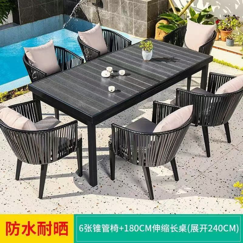屋外テーブルと椅子、中庭ホテルレジャーエリアダイニングチェア、長テーブルレイアウト、北欧屋外レジャー防水籐組み合わせ