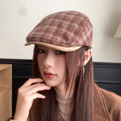 美式复古格子前进帽女秋冬季显脸小鸭舌帽小众文艺百搭报童画家帽
