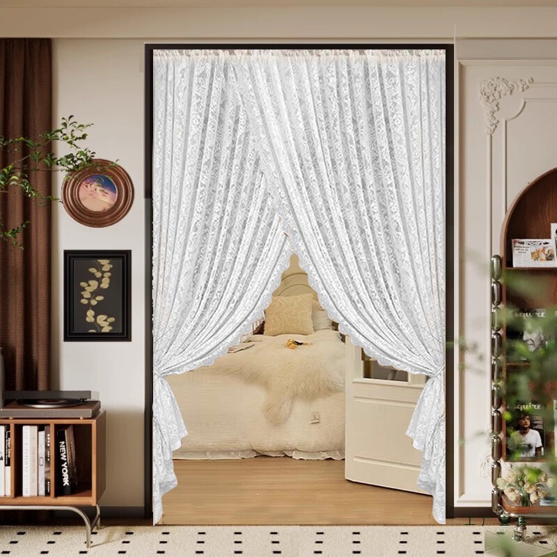 Partition Gauze Curtain Entrance Door Lace Door Curtain Punch-Free Atmosphere Curtain Cream Style French Privacy Curtain