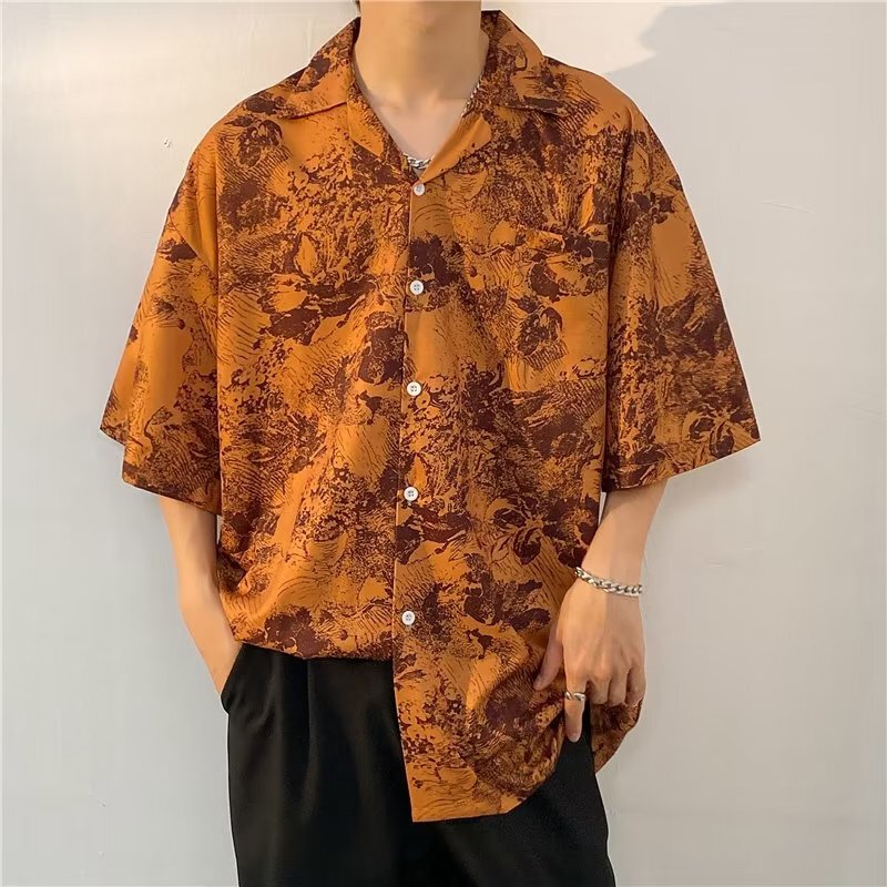 Summer foreign trade Japanese-style fun print short-sleeve Cuban collar floral shirt, plus-size men's street casual shirt