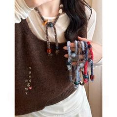 毛线针织串珠抽拉式项链女款复古小众设计独特毛衣链装饰挂脖配饰
