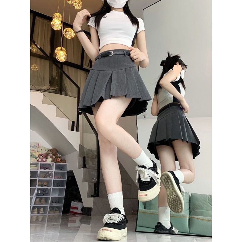 Women's Clothing Gray pleated skirt short skirt small high waist slimming skirt_voghion.com