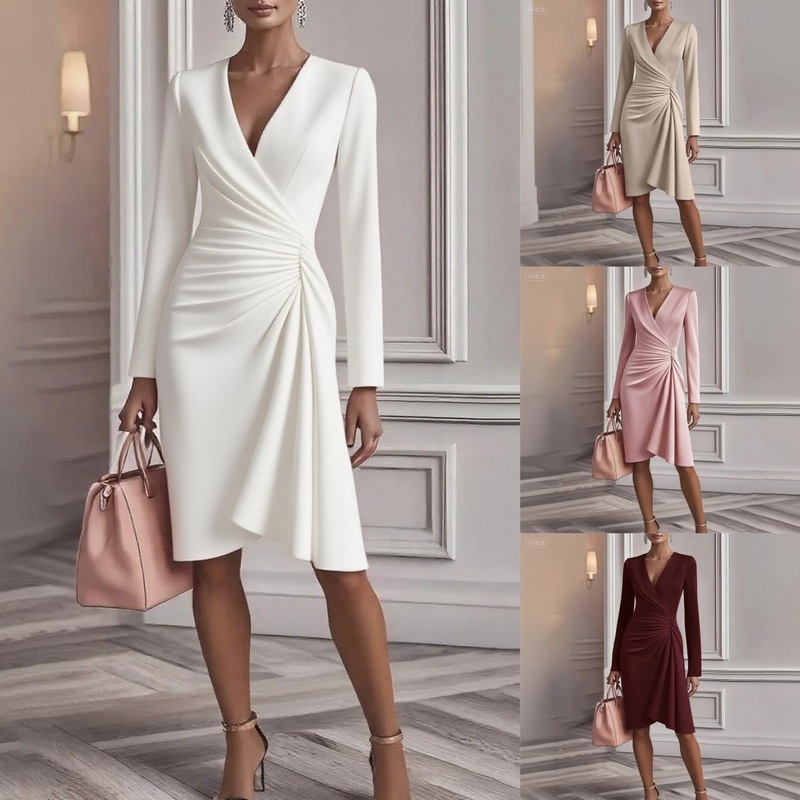 2025 European and American Cross-Border Amazon New Autum Fashion Cross V Neck Waist Pure Color Long-Sleeved Dress for Women 2025 European and American Cross-Border Amazon New Autum Fashion Cross V Neck Waist Pure Color Long-Sleeved Dress for Women