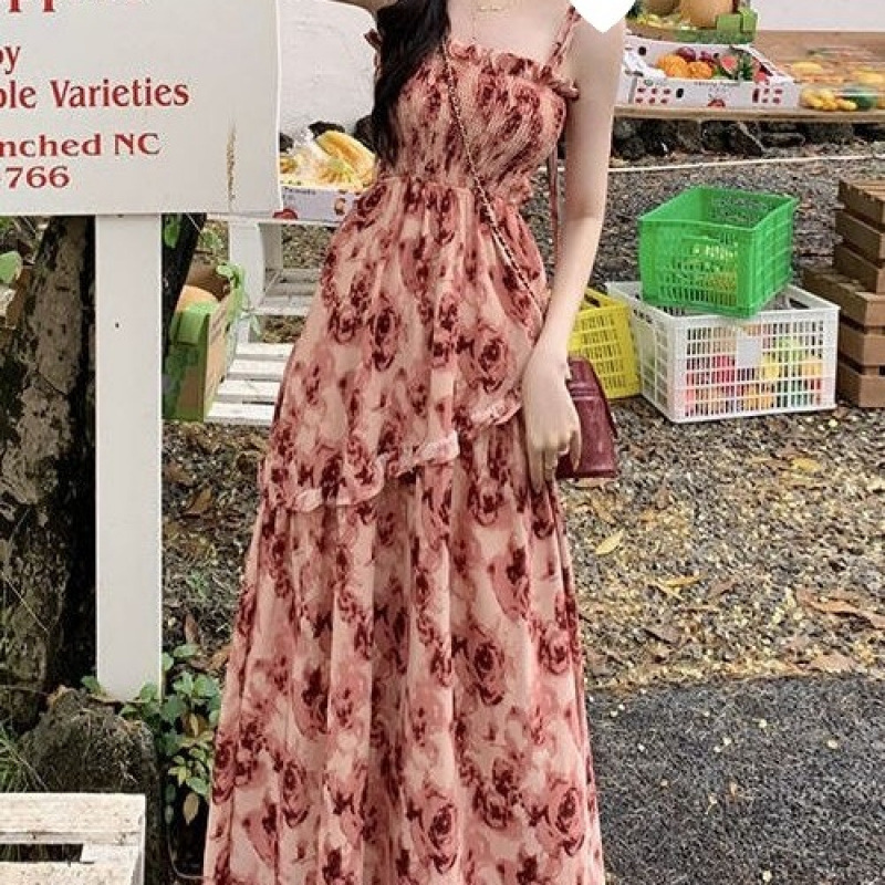 Regular/Extended Version) Vintage Rose Floral Strap Dress for Women, Summer French Style Long Dress, Elegant Waist-Cinching Dress