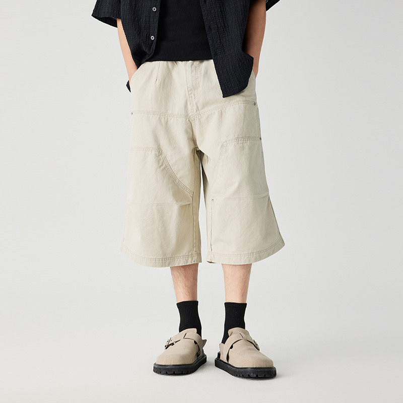 Trendy Versatile Cropped Pants for College Students, Men's Summer Thin Breathable Comfortable Straight Cargo Shorts with a Sense of Design and Studs