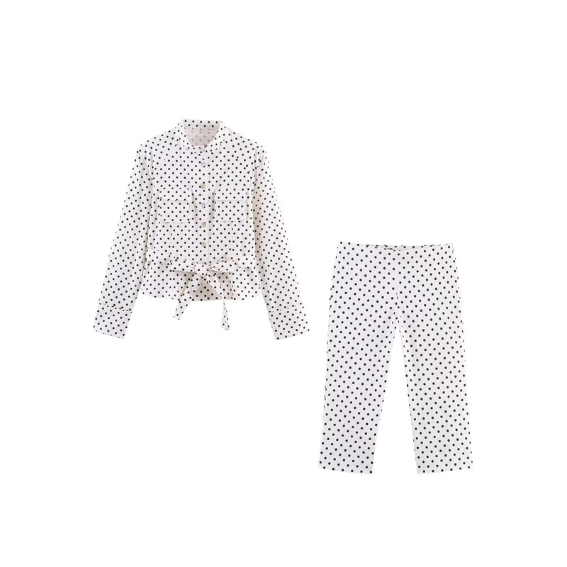 European and American Cross-Border Foreign Trade Wholesale Fashion Trendy Polka Dot Long-Sleeve Shirt Jacket and Polka Dot Capri Pants Two-Piece Set