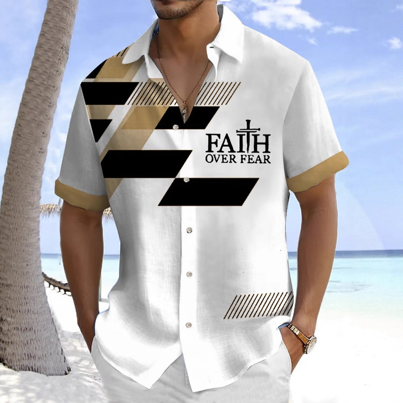 2025 Cross-Border Amazon Summer Men's New Collared Short-Sleeve Shirt with Geometric Pattern Trendy Design Men's Shirt