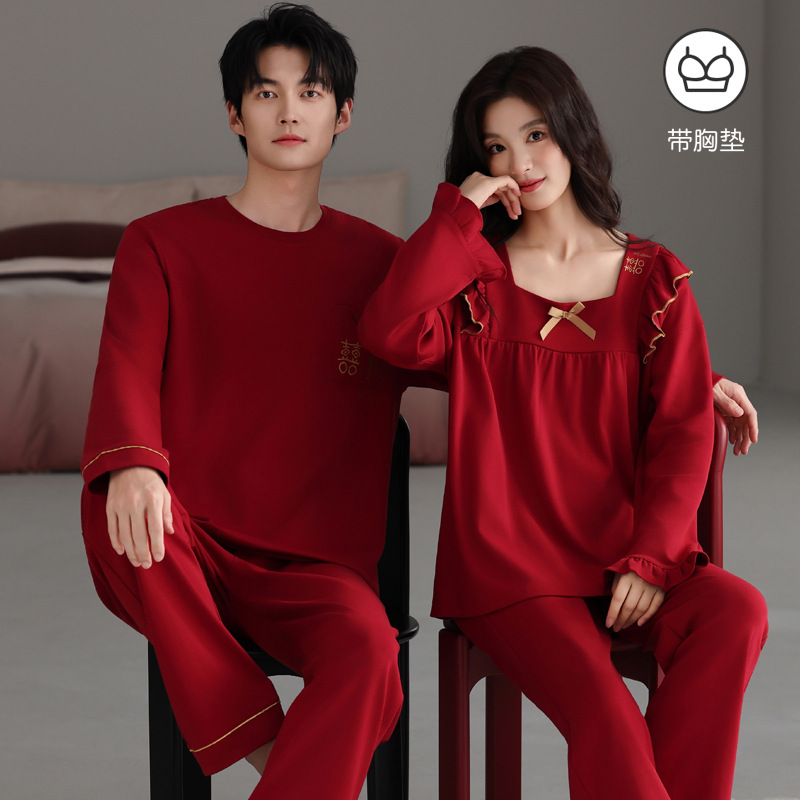 100% Cotton Couple Pajamas for Men and Women in Autumn and Winter, Bright Red Pullover Long-Sleeved Suit That Can Be Worn Outside, Loose Cotton