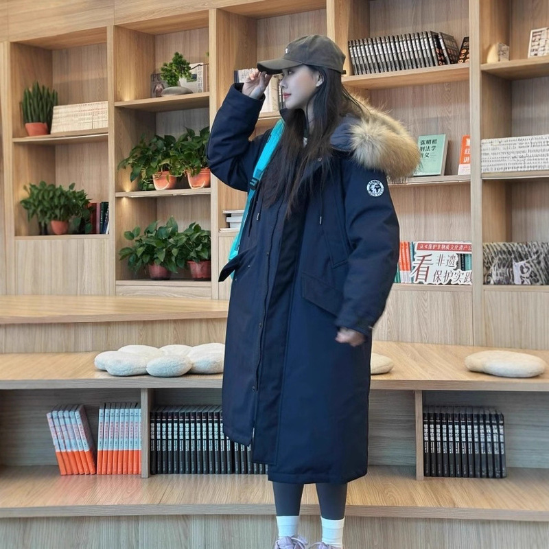 Long Over-The-Knee Parka with Large Fur Collar for Women, 2025 Winter New Korean Style Loose Thickened down Cotton Workwear Coat Long Over-The-Knee Parka with Large Fur Collar for Women, 2025 Winter New Korean Style Loose Thickened down Cotton Workwear Coat