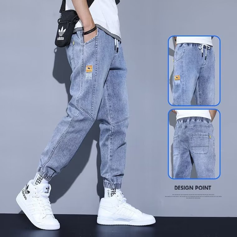 Light color Denim pants for boys 2023 spring and summer new ankle-tied fashion brand all-match tooling harem cropped casual pants