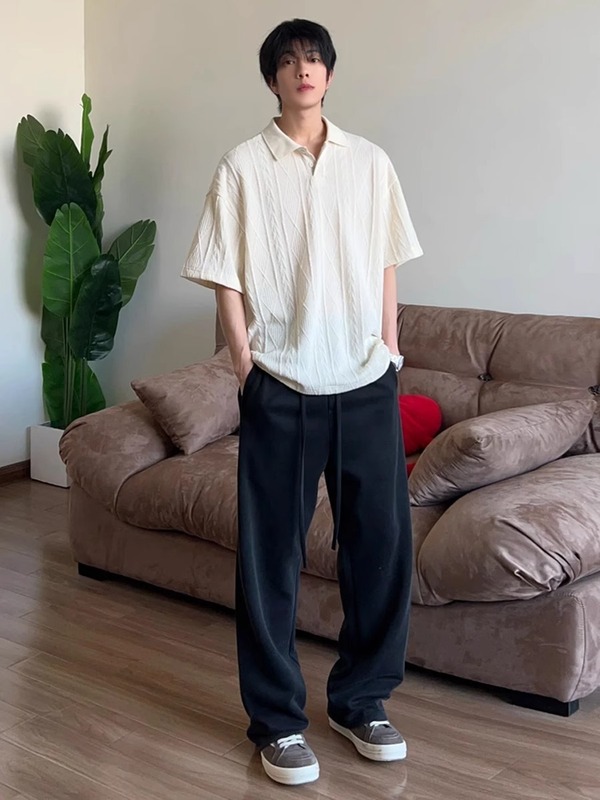 麦穂紋ジャカード半袖ポロシャツ男夏ゆるい百合老銭風痞帅高級感正肩tシャツ|undefined