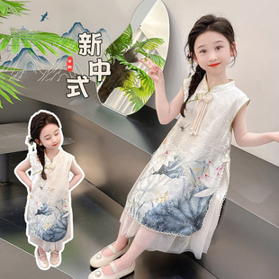 Girls' Cheongsam Chinese Style 2025 New Chinese Ethnic Style Children's Tang Suit Summer Thin Lotus Pearl Dress