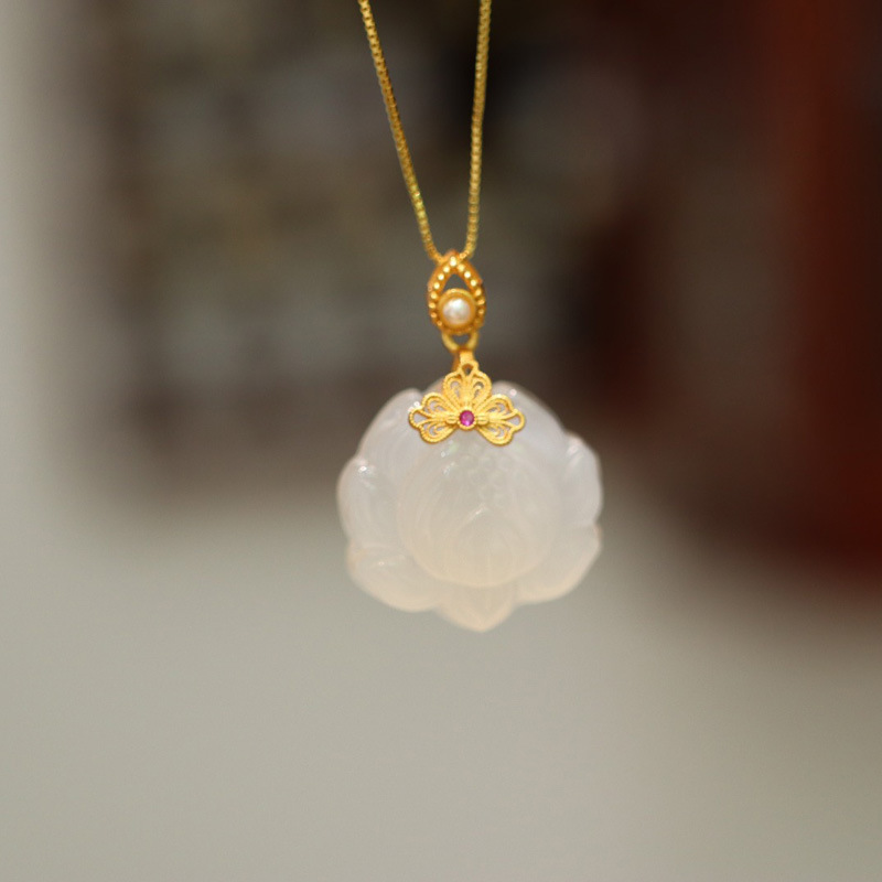 Natural White Chalcedony Lotus Pearl Silk Curtain Pendant Female Diy Handmade Pendant Jade Flower Accessories