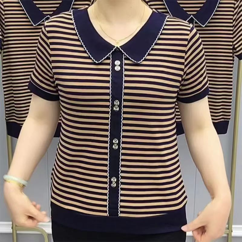 Fashionable and Stylish Doll Collar T-Shirt for Women, 2022 Summer New Short-Sleeve Mom Style Striped Loose Slimming Top