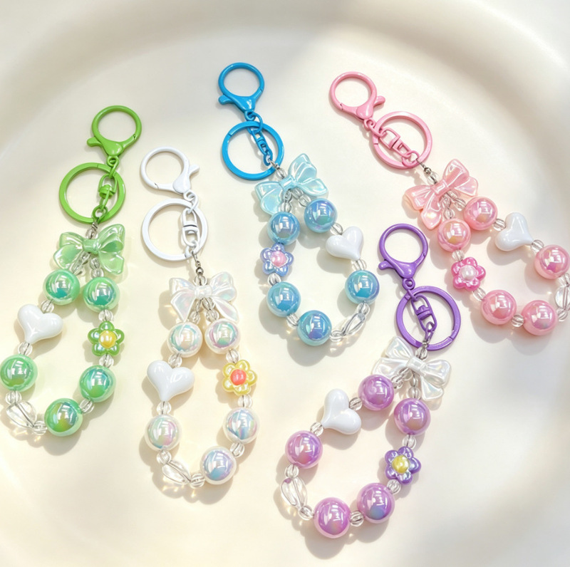 Creative Small Fresh Candy Color Plated Beaded Keychain Bow Heart Keychain Bag Small Pendant Bracelet Creative Small Fresh Candy Color Plated Beaded Keychain Bow Heart Keychain Bag Small Pendant Bracelet
