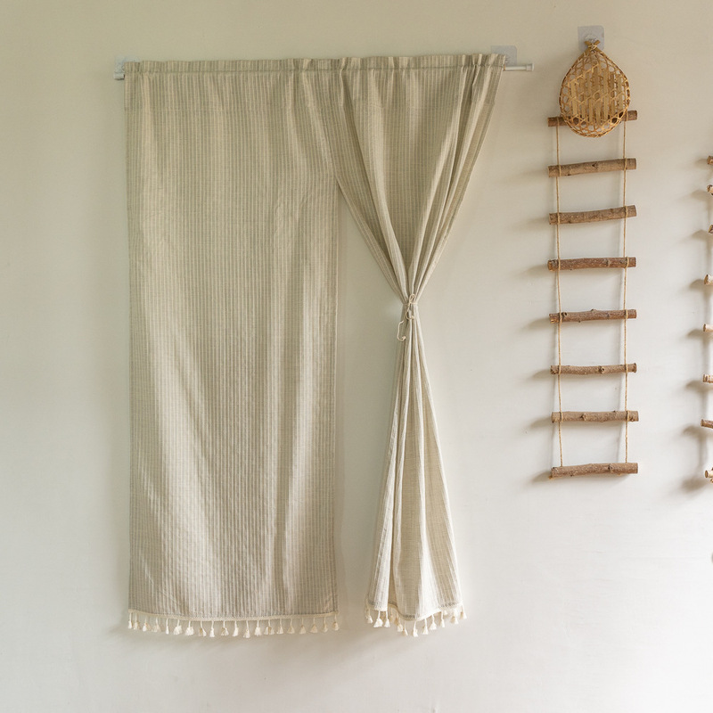 Cross-Border Door Curtain Tassel Fabric Curtain No-Drill Japanese-Style Hanging Curtain Kitchen Half Curtain Blackout Short Curtain Factory Direct Supply
