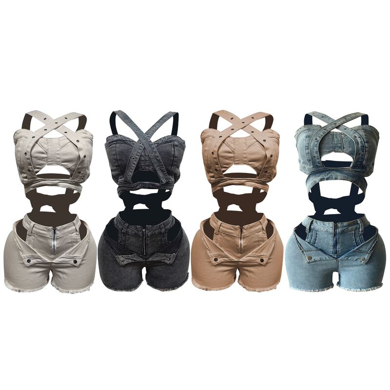 New Denim Vest Shorts suit MZ88637 in stock Europe and America Amazon Strapless Strap Elastic Shorts suit