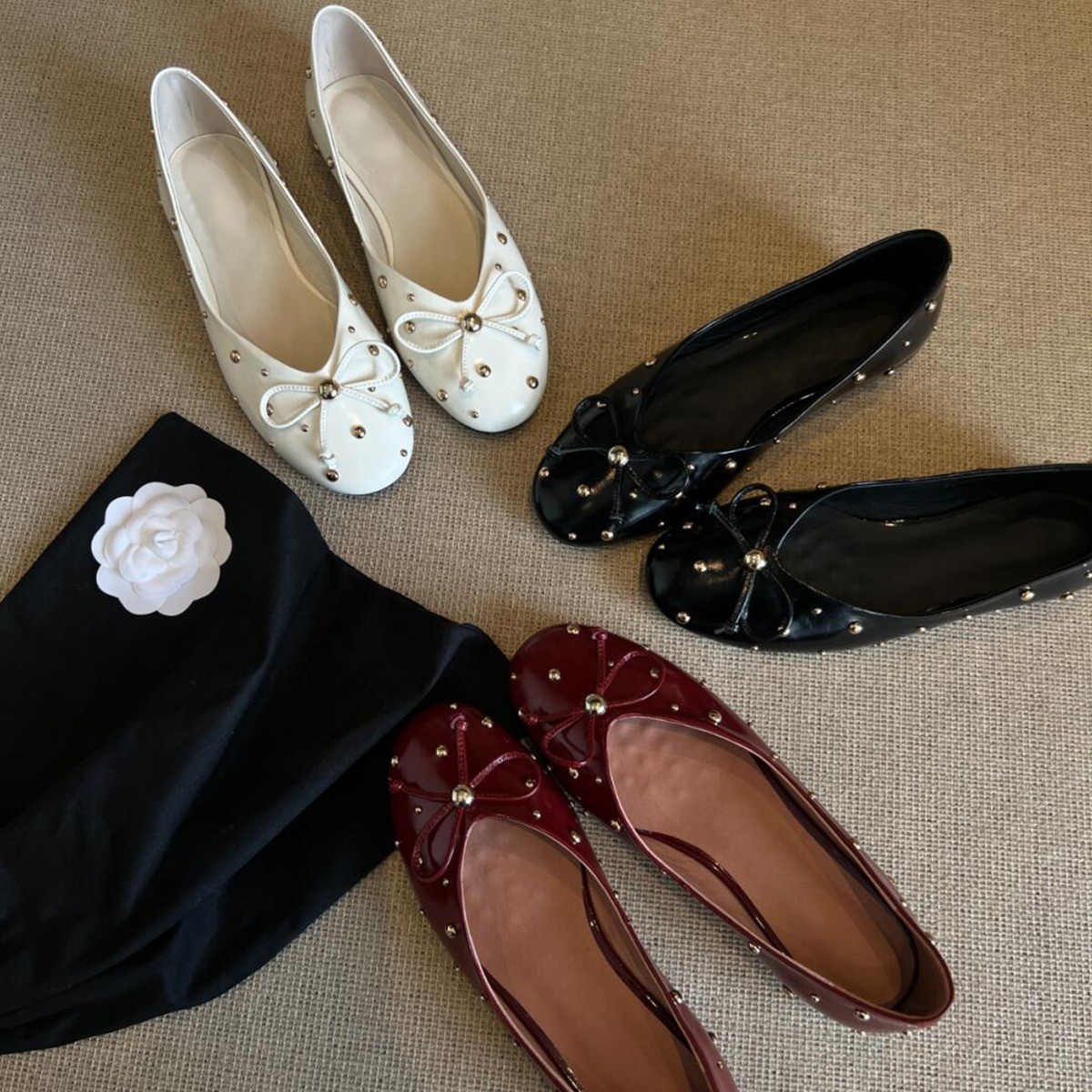 Bow Rivet Flats for Women 2025 Spring New French Fashion Shallow Flats Flats Round Toe Ballet Shoes