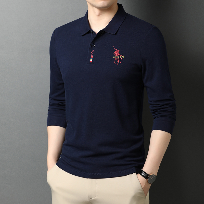 Camiseta de manga larga de los hombres camisa de polo de solapa de color sólido 2023 primavera y otoño bordado de negocios superior camisa de fondo camiseta de los hombres