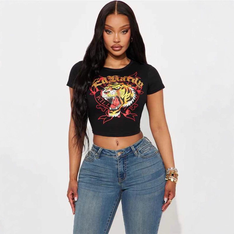 2025 Summer Rock Music Festival Street Casual Women's Knitted Hot Motorcycle Print Short Sleeve Tight T-Shirt Top