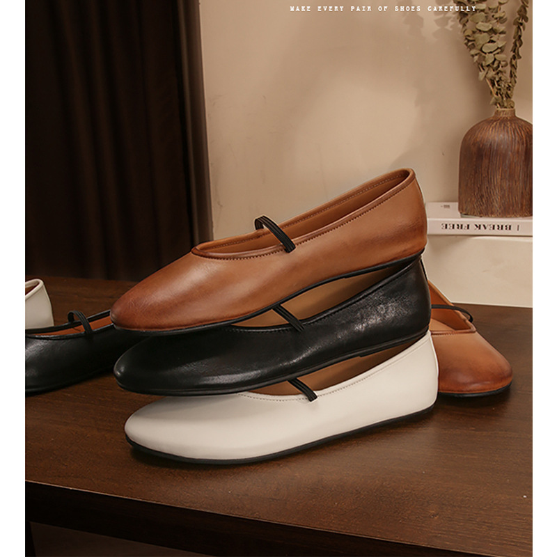 Full Cowhide Shallow Mouth French Granny Shoes for Women Summer Flats Genuine Leather One-Strap Mary Jane Comfortable Flats Ballet Shoes