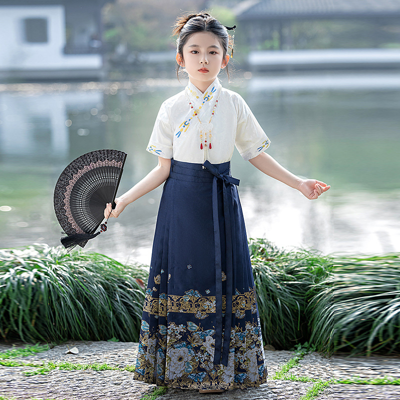 蓝色高级感女童汉服两件套短袖儿童马面裙明制古风新中式半身裙子