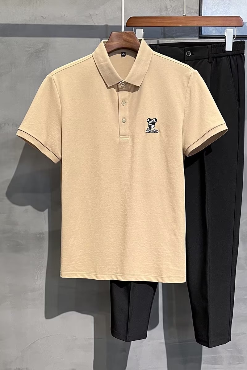 2024 Summer Thin Pearl Mesh Bear Embroidered Back Letter Print Slim Fit Elastic Polo Short Sleeves_voghion.com
