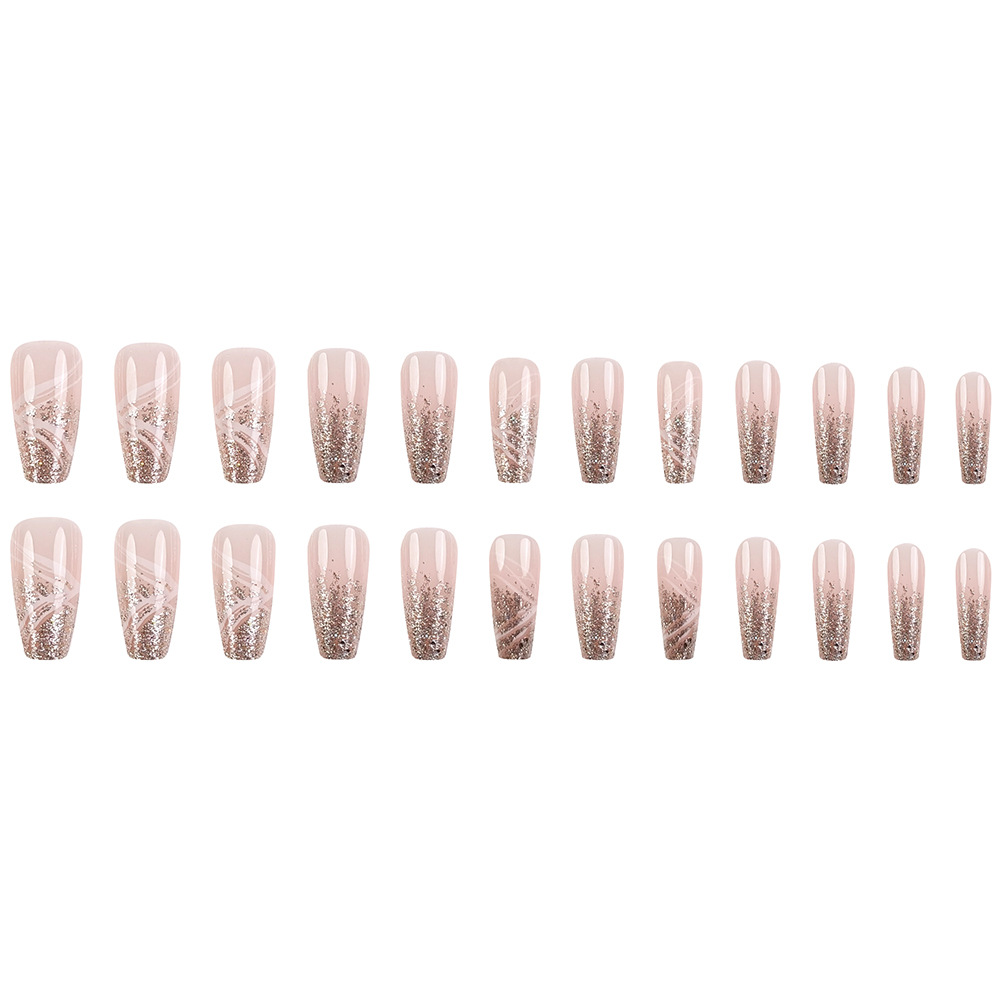 Dulce polvo desnudo, líneas doradas brillante, uñas largas, lujosas, lujosas, 24 piezas de parche de uñas.