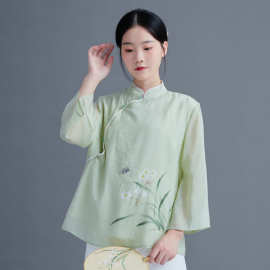 秋季女茶艺服中国风改良旗袍上衣复古风中式唐装禅意棉麻茶服套装