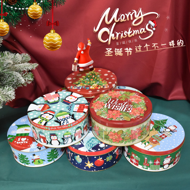 Navidad caramelo redondo caja de almacenamiento de hierro forjado cartón cartón paquete de regalo caja grande y pequeña caja caja de lata