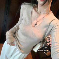 韩系气质薄款内搭长袖针织衫女早秋小个子白色休闲紧身打底衫上衣
