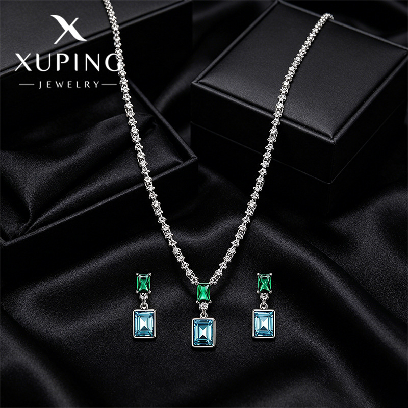 Xuping moda lujosa imitación de cristal conjunto de joyería geometría cuadrada mujer serie de aretes de azúcar cuadrado conjunto de collares image 4