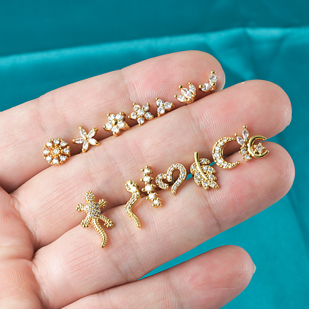 3g Weight 1 Piece Lip Rings Novelty Heart Shape 304 Stainless Steel Zircon Plating Inlay Zircon 18K Gold Plated