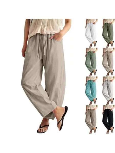 Cotton and Linen Casual Straight-Leg Pants for Women, New Summer Style, Artistic Retro, Loose Fit, Versatile, Elastic Waist, Solid Color Casual Straight-Leg Pants