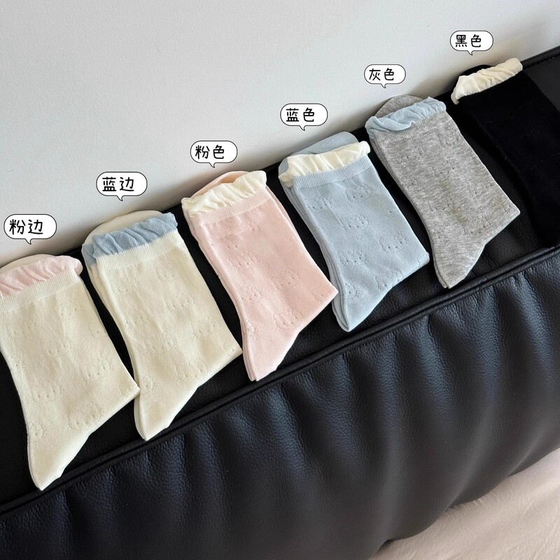 Ballet Style Hello Kitty Bubble Mouth Pile Socks Summer Mesh Ins Thin Mid-Calf Socks Boneless Lace Women's Socks